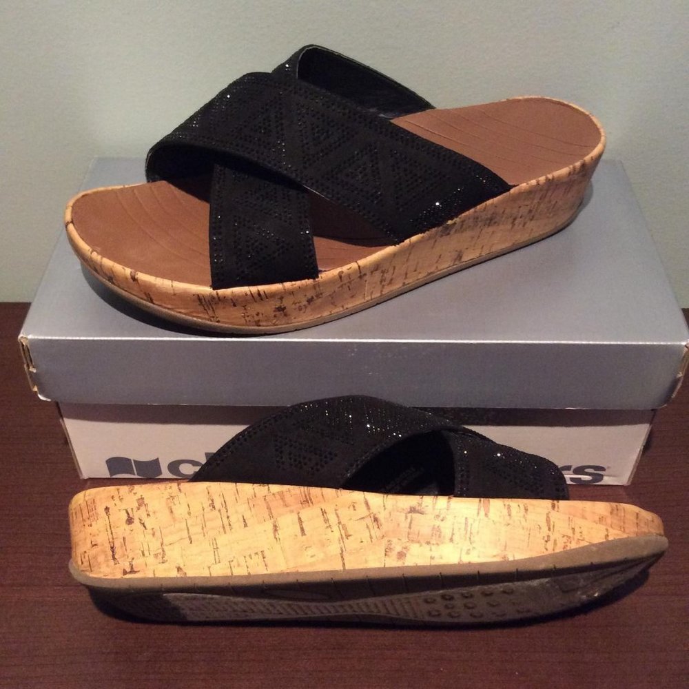 BLACK SHIMMERY WEDGED "CLOUDWALKER" SANDALS CLOGS SIZE 13 W!